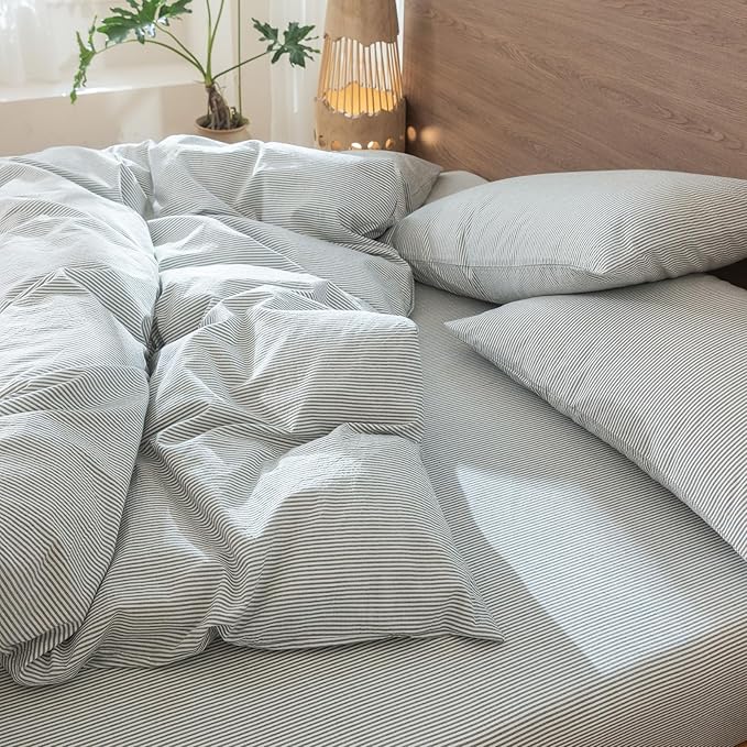 MooMee Striped Duvet Cover Set 100% Washed Cotton Linen Like Textured Breathable Durable Soft Comfy (Heathered Green Pinstripes, Super King Plus 120"x120")