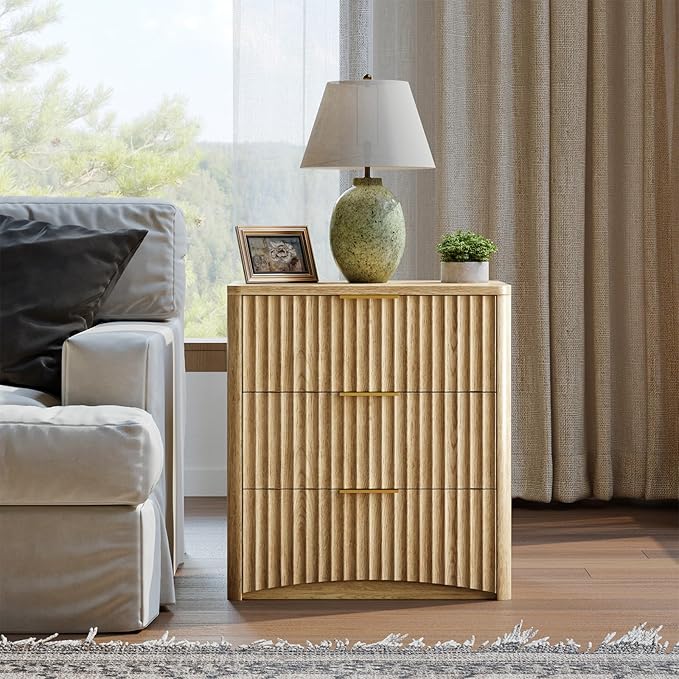 Evermagin Fluted Nightstand Set of 2, Natural Oak Bedside Table with 3 Drawers, Wood End Table with Storage Mid Century Modern, Large Night Stand for Bedroom