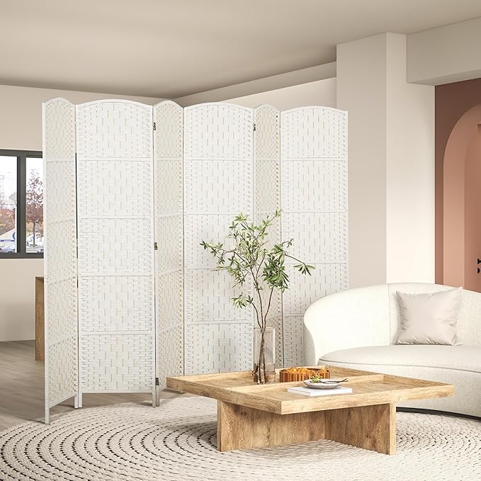 HOMCOM Room Divider, 6 Panel Folding Privacy Screen, 6FT Tall Portable Wicker Weave Partition Wall Divider for Bedroom, Home Office, White