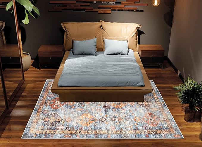 Bloom Rugs Washable Non-Slip 10x14 Rug - Blue/Orange Traditional Bordered Area Rug for Living Room, Bedroom, Dining Room, and Kitchen - Exact Size: 10' x 14'