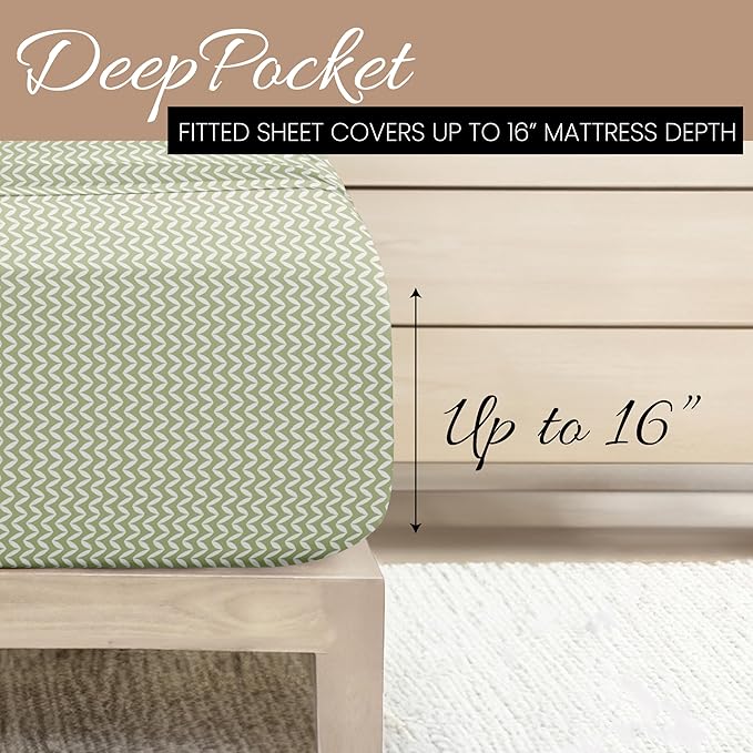Linen Market Double-Brushed Patterned Microfiber Twin Sheet Set 3 Piece – Oeko-TEX Certified Ultra Soft & Wrinkle-Free - 16" Deep Pocket Sheets - Easy Care Twin Size - Puffed Chevron Sage