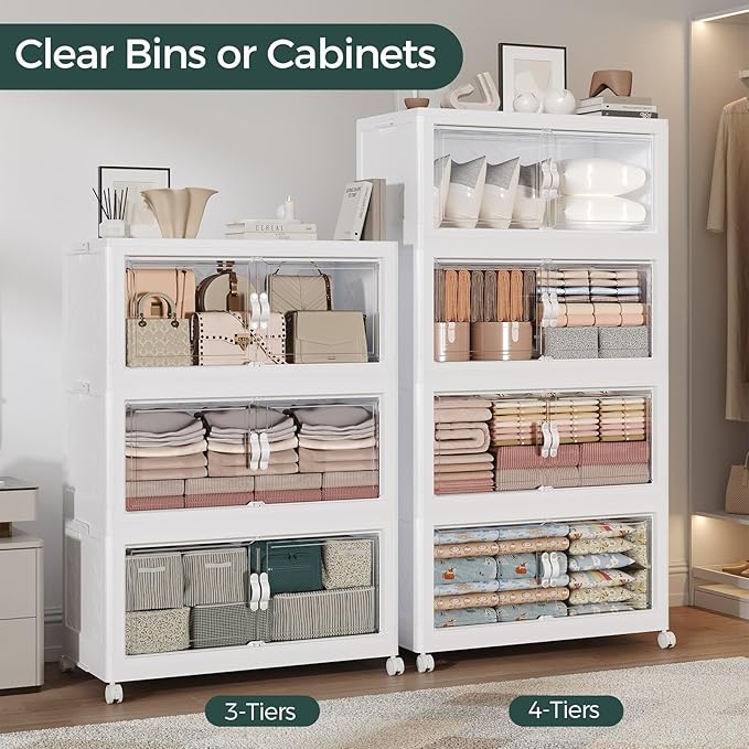 90Gal Stackable Storage Bins with Lid, 360Qt Extra Large Collapsible Storage Box with Doors and Wheels, Plastic Closet Organizer and Storage Cabinet Drawer for Home Kitchen, 3Pack White