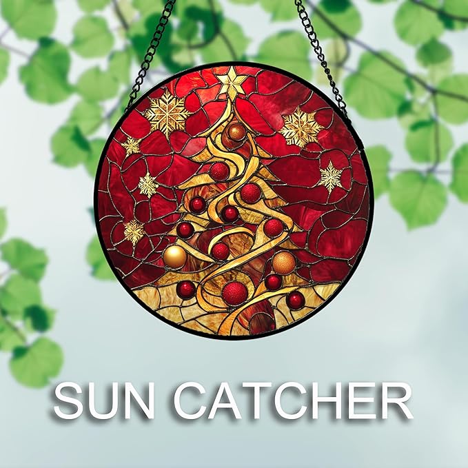 Stained Glass Window Hanging 4 Pcs Set Red Christmas Elk Snowflakes Large 11.8" - Deer Suncatcher Door Garden Sun Catcher Decor Birthday for Mom Woman Nana Men Friend