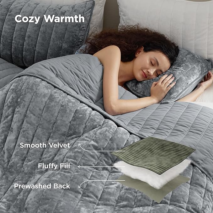 Bedsure Velvet Quilt King Size Set - 108"x96" Lightweight Velvet Comforter King Quilt, Oversized Luxury Bedspread Coverlet, Ultra-Soft Winter Bedding Set with 2 Pillow Shams, Sliver Gray