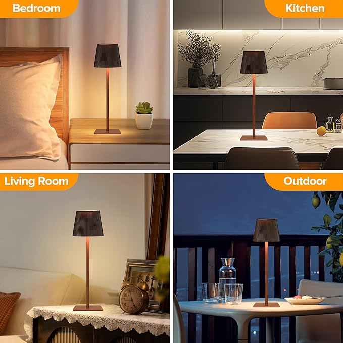 LUTEC 4 Pack Cordless Table Lamp,6000mAh Rechargeable Battery Operated Desk Lamp,Two Adjustable Heights,Waterproof, Touch Control & 3 Color Stepless Dimming for Restaurant/Bedroom/Bars/Outdoor (Brown)