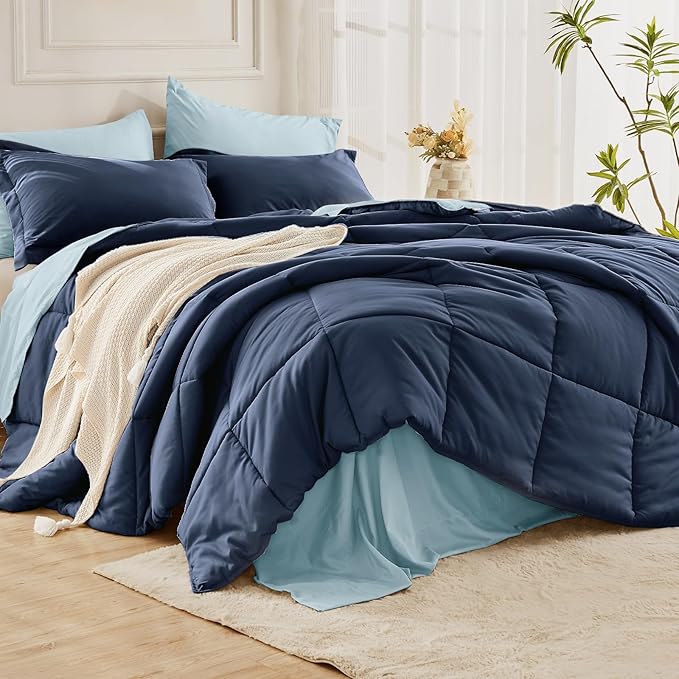 JOLLYVOGUE California King Comforter Set, Ultra-Soft Bed in a Bag Cal King Size 7 Pieces, Oeko-TEX Certified Bedding Set With Down Alternative Comforter, Sheets, Pillowcases & Shams, Navy & Light Blue