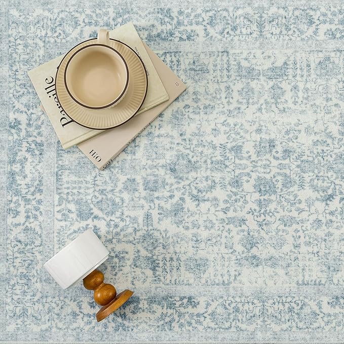 Blue Area Rug 10x12 Machine Washable Large Vintage Living Room Distressed Non Slip Carpet Traditional Indoor Bedroom Grey Retro Floral Accent Throw Rug for Office Kitchen Dining Room