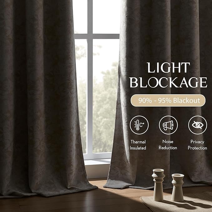 Beauoop Beige Floral Jacquard Blackout Curtains 84 Inches Long 2 Panels for Bedroom Living Room Chenille Flower Room Darkening Thermal Insulated Soundproof Rod Pocket Back Tab Window Drapes, 52x84