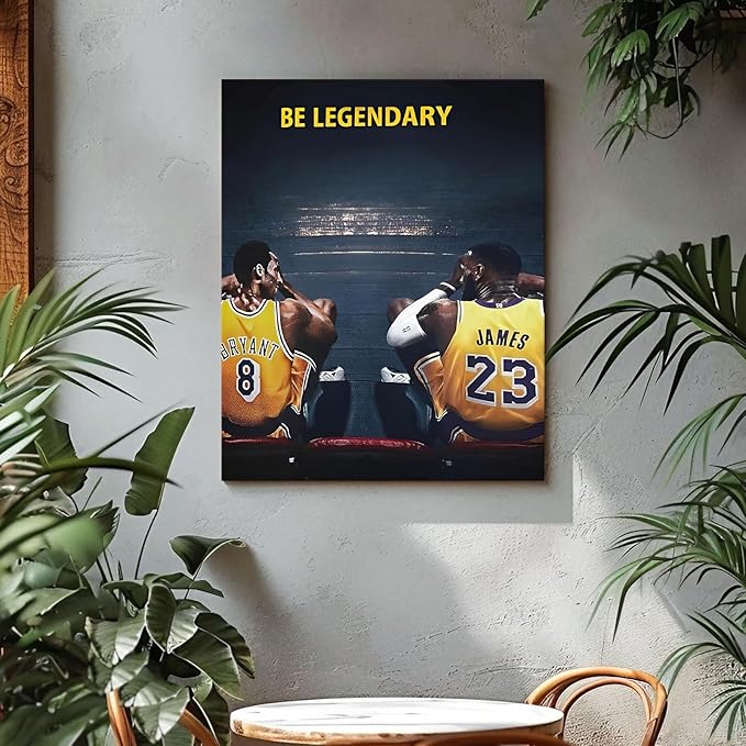 Kobe Bryant and LeBron James Canvas Wall Art Print Poster, Be Legendary Inspirational Sports Picture Artwork, Motivational Mamba Mentality Wall Decor for Home Office Gym Living Room, Framed 8x10inch