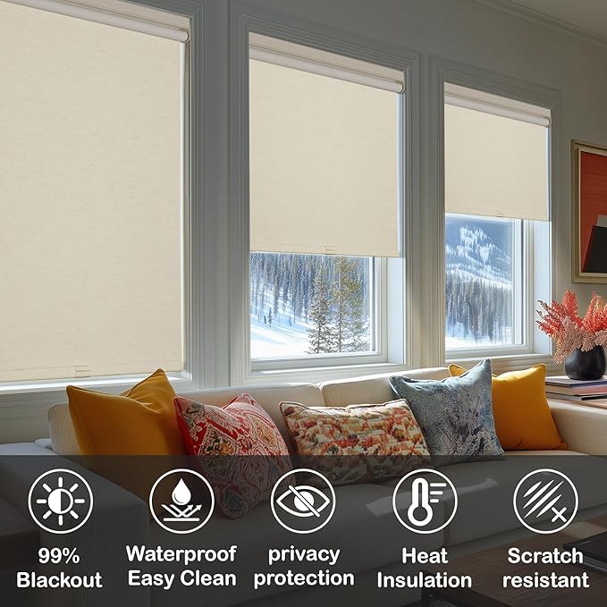 HESTIA No Drill Cordless Blackout Roller Shades Screwless Waterproof Shower Window Blinds, Auto-Retraction Easy Install Blind for Bedroom/Living Room/Kitchen, Cream Linen, 53.5" W x 72" H
