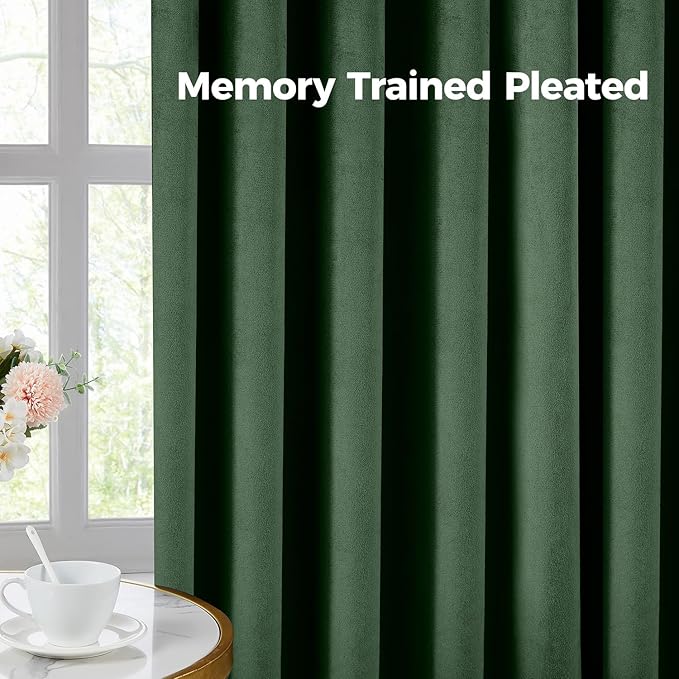 Pinch Pleated 100% Blackout Curtains for Bedroom, Olive Green Velvet Curtains for Living Room, Black Out Curtain 84 inch Long Room Darkening, Blackout Pinch Pleat Drapes with Hooks 2 Panels