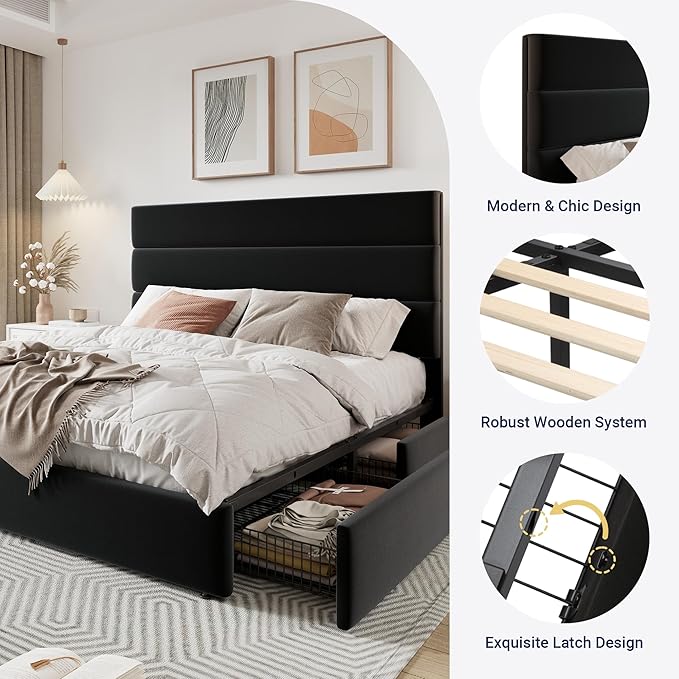 Allewie Modern Queen Size Platform Bed Frame with 4 Storage Drawers and Velvet Upholstered Headboard, Wooden Slats Support, Upholstered Mattress Foundation/No Box Spring Needed/Easy Assembly, Black