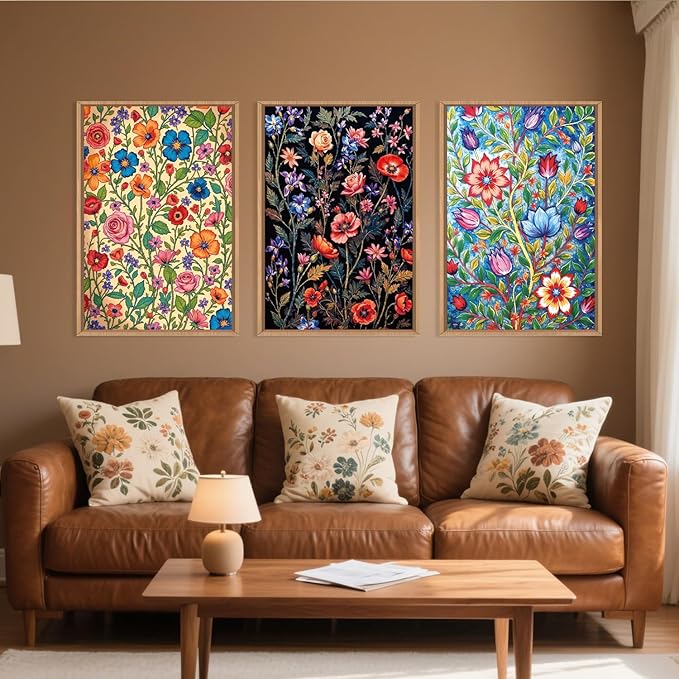 LHIUEM Large Vintage Botanical Flower Framed Canvas Wall Art,Abstract Colorful Wildflower Wall Decor,Rustic Bouquet Wall Painting,Poster Artwork for Living Room,Bedroom,Dining Room,Office -24"x36"x3