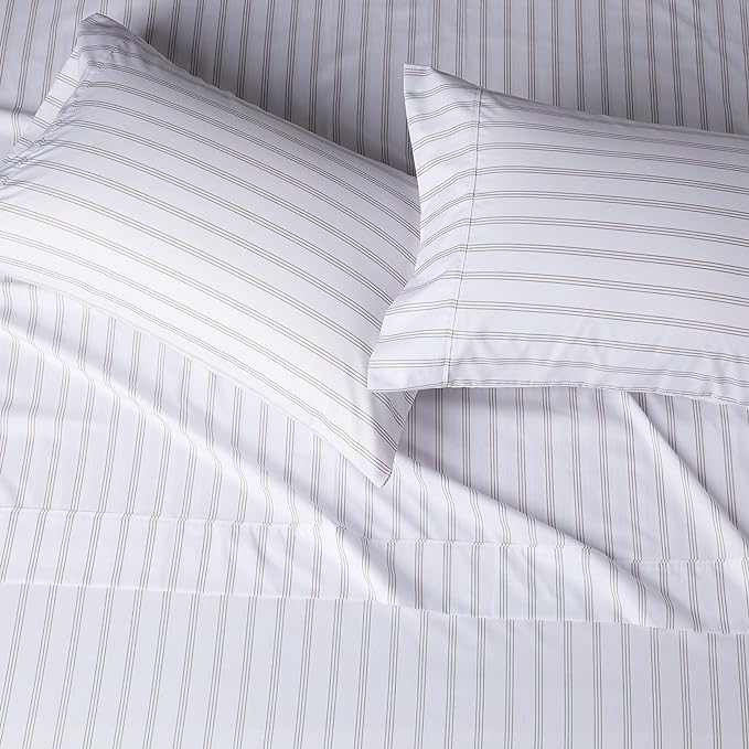 Amazon Basics Lightweight Super Soft Easy Care Microfiber 4 Piece Bed Sheet Set with 14-Inch Deep Pockets, Queen, Taupe Stripe, Striped
