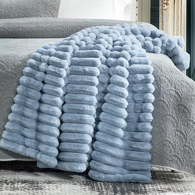Cozy Bliss Faux Fur Throw Blanket for Couch, Cozy Warm Plush Striped Blanket for Sofa Bedroom Living Room, 60 * 80 Inches Light Blue