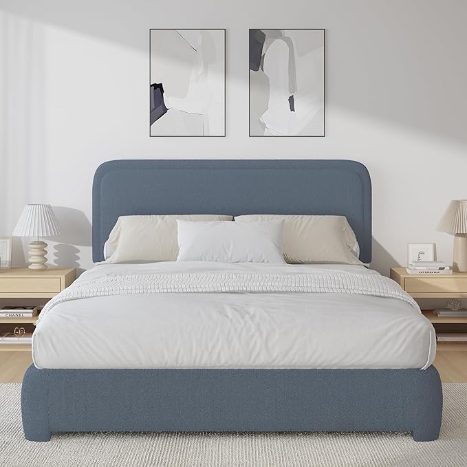 BarnFurin Queen Bed Frame with Headboard, Boucle Upholstered Platform Bed Frame, Luxurious Soft Rounded Corners, No Box Spring Required, Easy Assembly, Blue