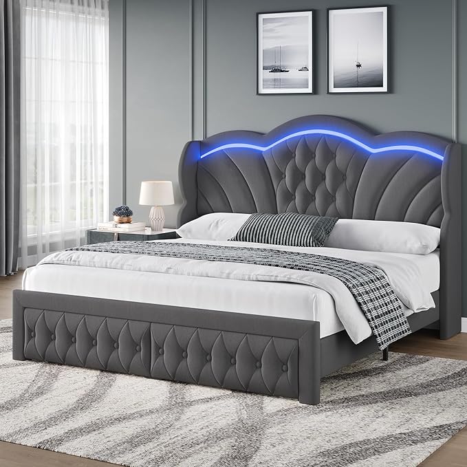 Keyluv King Bed Frame with LED Lights and 2 Storage Drawers, Velvet Upholstered Platform with 47" Tall Arc-Shaped Wingback Headboard and Button Tufted Design, No Box Spring Needed, Noise-Free, Gray