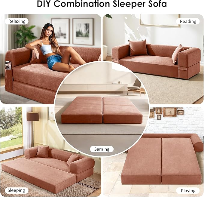 80" Convertible Sofa Bed, Corduroy Deep Seat Folding Pull Out Couch with Pillows, No Assembly Modern Boneless Couch Compression Sofa in Box, Floor Sofa with Storage Pocket for Living Room,Pink