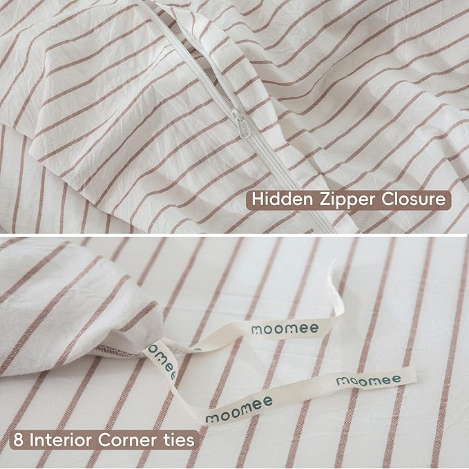 MooMee Striped Duvet Cover Set 100% Washed Cotton Linen Like Textured Breathable Durable Soft Comfy (White Orange Wide Stripes, Oversized Queen 98"x98")