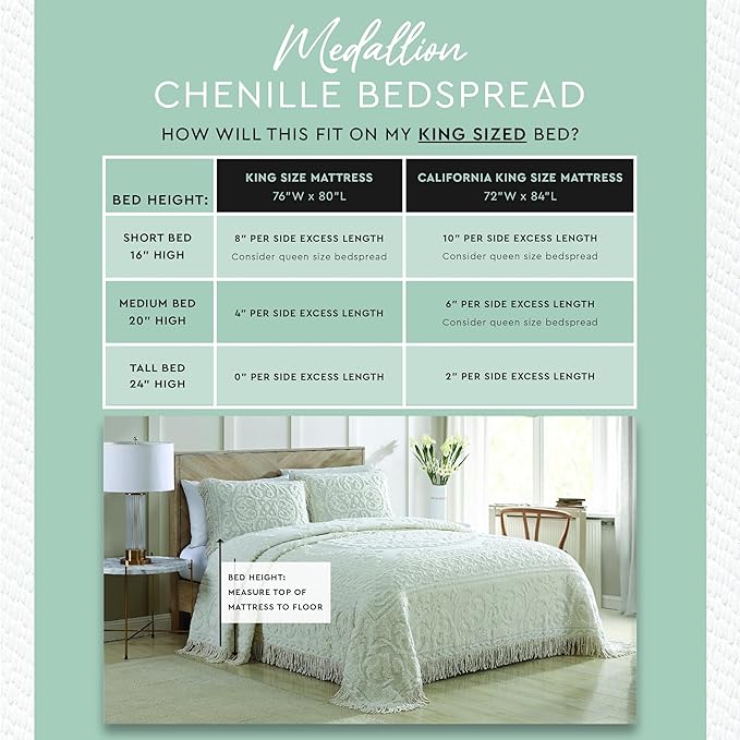 Beatrice Home Fashions Medallion Chenille Bedspread, King, Sage