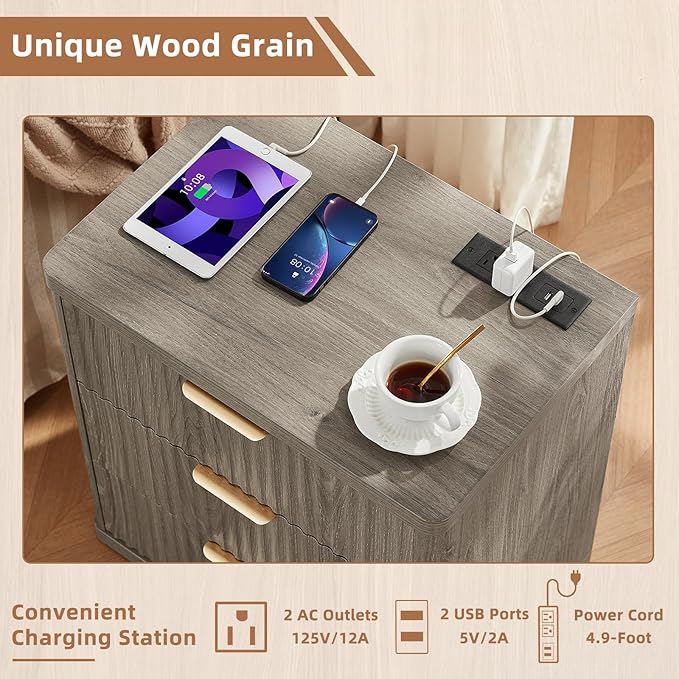 LEYAOYAO 42" Tall Fluted Dresser and 3 Drawers 23" Nightstand Set of 2, Wooden Dresser & Night Stand with Charging Station, 3 Piece Bedroom Furniture Set, Wood Chest of Drawer for Living Room,Grey