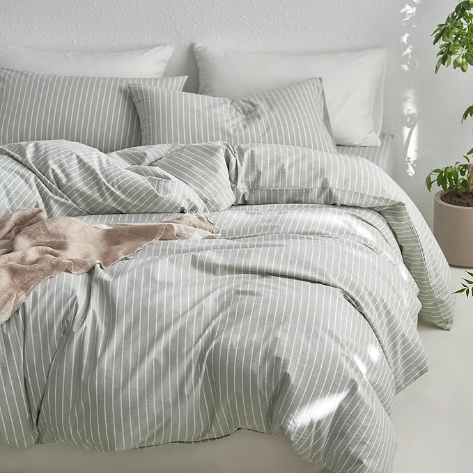 MooMee Striped Duvet Cover Set 100% Washed Cotton Linen Like Textured Breathable Durable Soft Comfy (Sage Green White Wide Stripes, Oversized Queen 98"x98")