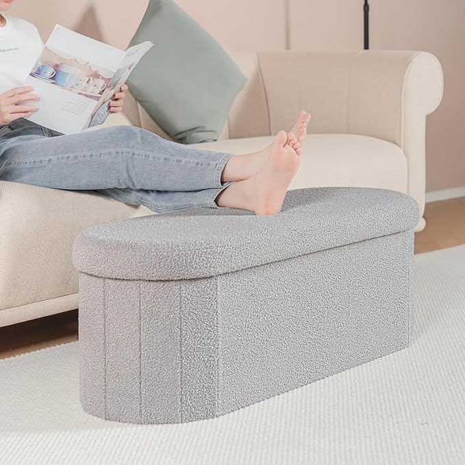 B FSOBEIIALEO Ottoman with Storage for Living Room, Sherpa Folding Storage Ottoman Foot Rest, 43.3 Inches Collapsible Bedroom Bench Grey