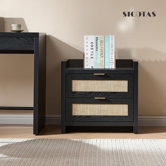 SICOTAS Night Stand Bedside Table - Rattan Nightstand End Table with Type-C Charging Station, 2 Drawers Storage Boho Night Stands for Bedroom - Black Oak