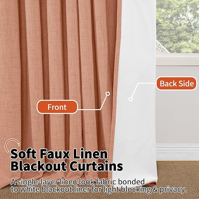 Terracotta 100% Linen Blackout Curtains for Living Room 63 Inch Long 2 Panels, Thermal Insulated Noise Reducing Window Total Black Out Fall Curtains for Bedroom, Each 52x63 Inch 2 Panels