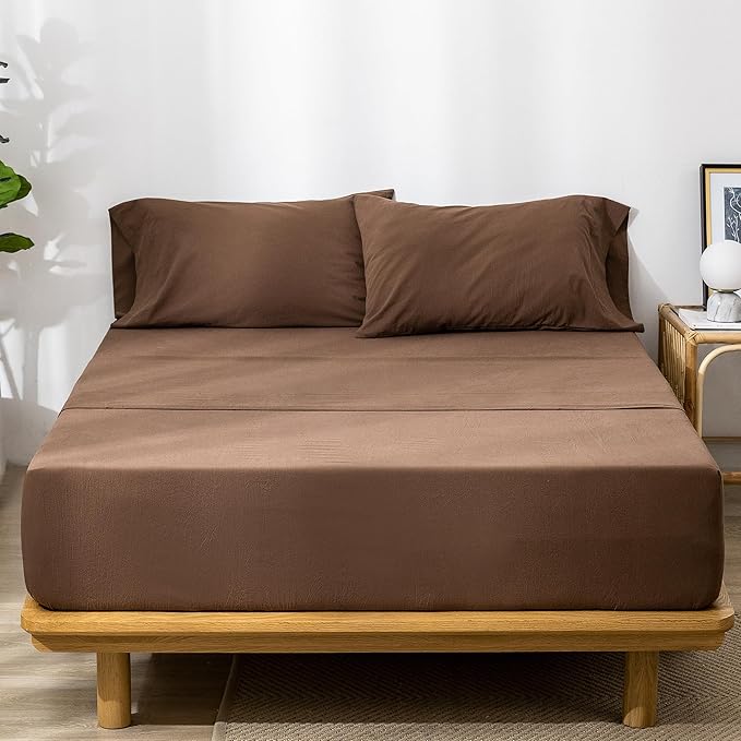 MooMee Fitted Bottom Sheet Only 100% Washed Cotton Linen Like Textured Breathable Durable Soft Comfy Deep Pocket Fits Mattress up to 17" (Cocoa Brown, Queen)