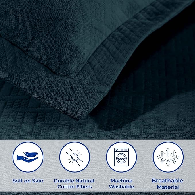 Superior 3 Piece Basketweave Cotton Bedspread Set, Home Bed Decor, Decorative Bed Spread, 2 Pillow Shams, Medium Weight Blanket, Matelasse Coverlet Bedding, Geometric Lattice Pattern, King, Deep Sea