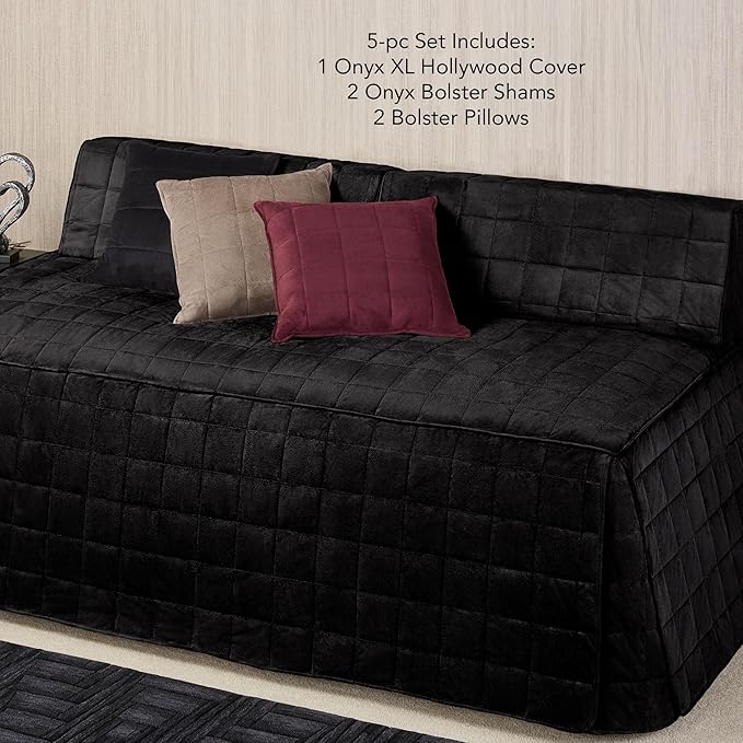Camden Luxury Bedding | Neutral Onyx Black Color | Fitted Hollywood Daybed Bedding | Faux Suede Box Quilted Design | 5 Piece Set With Extra Long Hollywood Cover, 2 Bolster Shams, and 2 Bolster Pillows