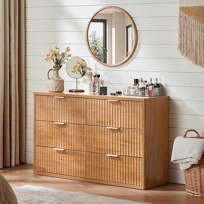 LEYAOYAO 48" Wide Fluted Dresser and 1 Drawers 23" Nightstand Set of 2, Wooden Dresser & Night Stand with Charging Station, 3 Piece Bedroom Furniture Set, Chest of Drawer for Living Room,Brown