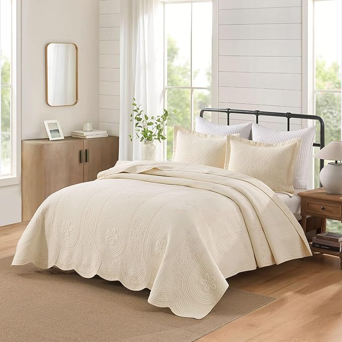MarCielo 100% Cotton Quilt Set Lightweight Bedspread with Scalloped Edge, Farmhouse Vintage Bedding, All Season Use(Tu Beige,Queen (98"x102"))