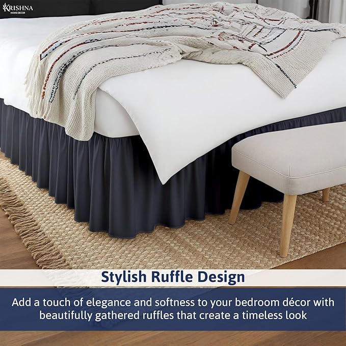 KRISHNA Ruffled Bed Skirt with Split Corners Twin, 100% Microfiber Hotel Quality, 10 Inch Drop Dust Ruffle Gathered Bedskirt with Platform, 39" x 75", Dark Grey