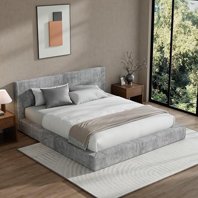 RECCI Cloud Upholstered King Bed Frame with Headboard, 5 Inch Foam Padded Platform, No Box Spring, Easy Assembly (Moon Grey)