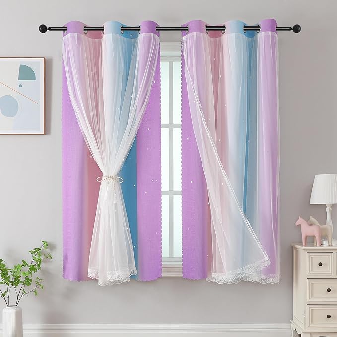 XiDi Curtains for Bedroom Decor, Rainbow Pink Purple/42/63