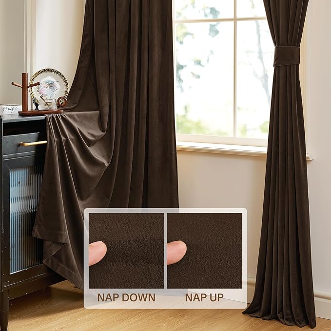StangH Brown Velvet Curtains Luxurious Thermal Insulated Drapes for Living Room & Bedroom, Soft Noise Reducing Light Blocking Curtains Elegant Home Decor, W52 x L92, 2 Panels