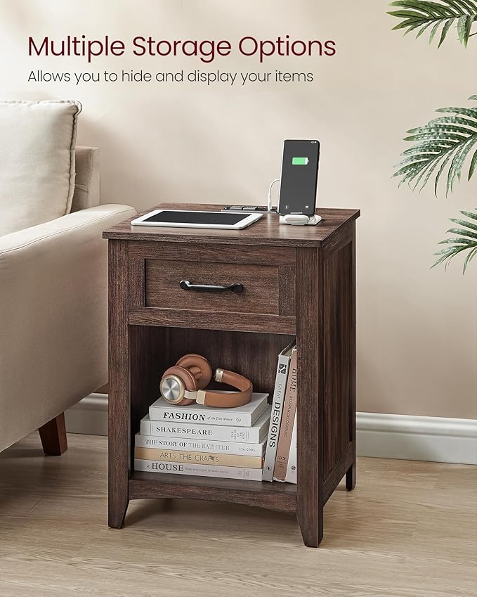 VASAGLE LIRY Collection - Farmhouse Nightstands with Charging Station, Set of 2 Bedside Tables, Side Tables with Drawer, Open Compartment, for Bedroom, Maroon Brown ULET959K51