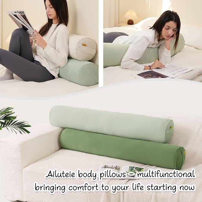 Bolster Pillow for Bed – Long Round Body Pillow for Adults, Cuddle Pillow for Sleeping, Full-Length Support,47.24 x 7.87 Inches,Celadon Green