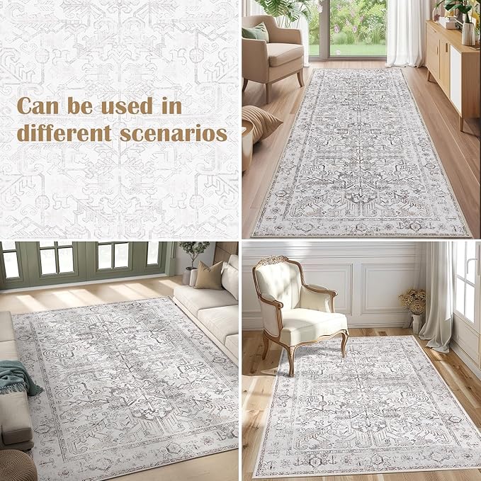 jinchan Lima Kitchen Runner Rug 2x5-2pcs, Vintage Hallway Rug Washable Floral Non Slip with Rubber Backing Soft Carpet Runner for Bedroom Laundry Room Living Room Taupe