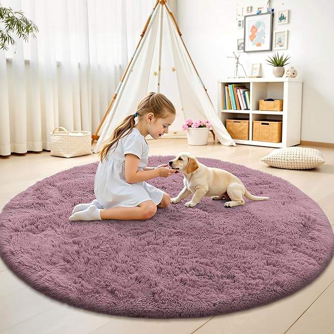 OLANLY Blush Round Rugs for Bedroom - Machine Washable, 5 ft Circle Area Rugs for Living Room, Soft and Fluffy Shaggy Carpet for Teen Girls and Boys, Nursery Rooms, Dorms, Home Decor Aesthetic