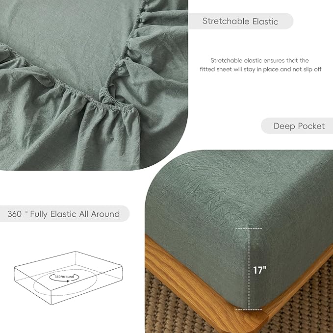 MooMee Fitted Bottom Sheet Only 100% Washed Cotton Linen Like Textured Breathable Durable Soft Comfy Deep Pocket Fits Mattress up to 17" (Heathered Green, Queen)