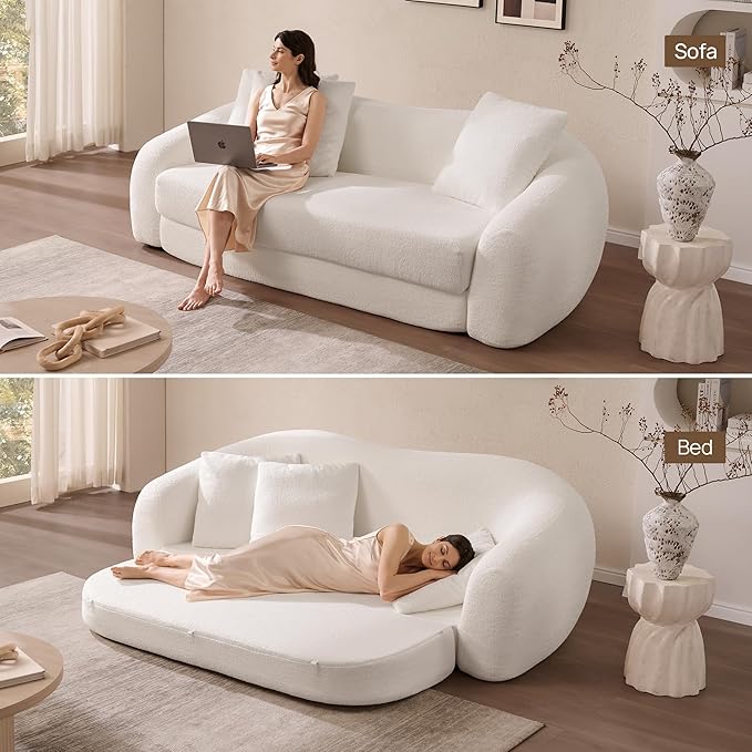 SICOTAS 90.6" Curved Convertible Sofa Couch Bed for Living Room Futon Cloud Boneless Sleeper Sofa Pull Out Floor Couch with Deep Seat Modern 3 Seater Foam Bed No Assembly for Bedroom Apartment, White