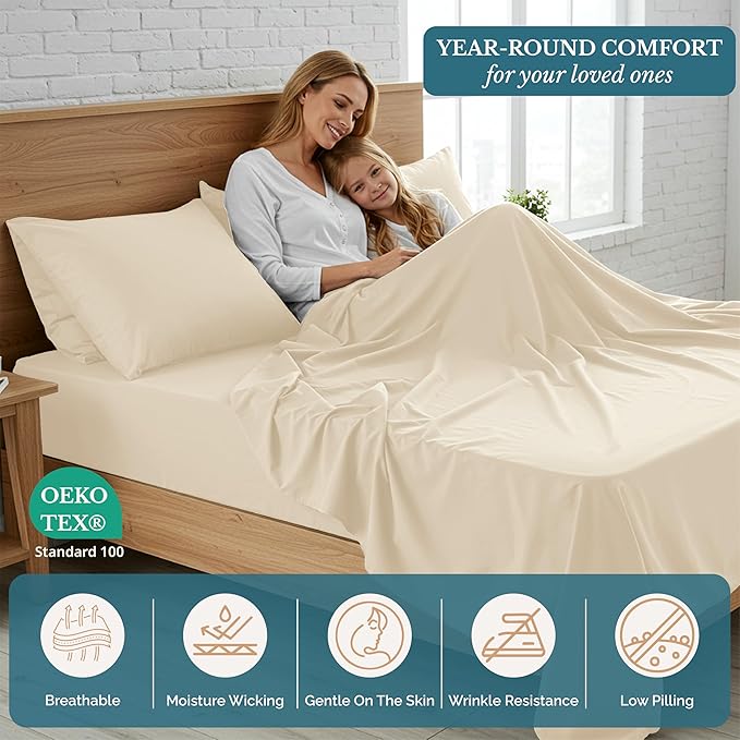 Casa Platino Full Size Sheets, 4 Piece Set (Flat, Fitted and 2 Pillowcases), Pre-Washed Ultra Soft Bed Set, Fade Resistant Full Bed Sheet Set, Cozy Set with Deep Pockets – Ivory