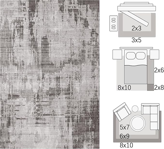 Machine Washable Area Rugs 5x7, Modern Abstract Soft Rugs for Living Room Neutral Large Carpet for Bedroom Floor Non Slip Rug Under Dining Table Bed Grey Home Office | Grey