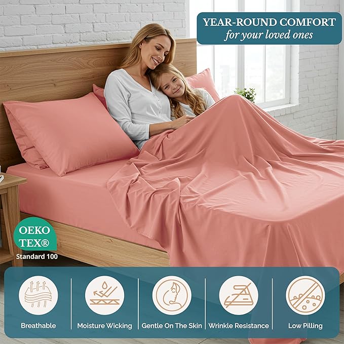 Casa Platino Bedding Sheets & Pillowcases, Pre-Washed Ultra Soft & Breathable Bed Sheets Twin, Brushed Microfiber Sheet Set, Fade Resistant Twin Size Sheets Set with Deep Pockets - Rose Dawn
