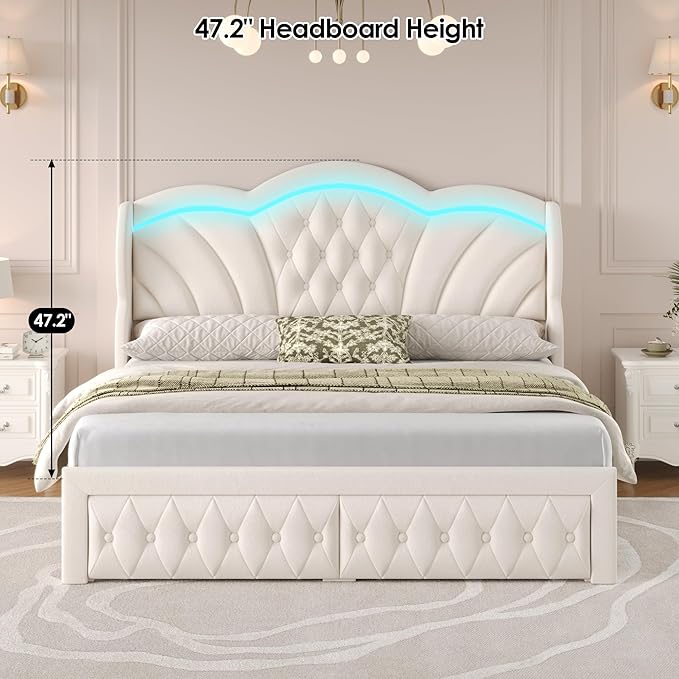 Keyluv Queen Bed Frame with LED Lights and 2 Storage Drawers, Velvet Upholstered Platform with 47" Tall Arc-Shaped Wingback Headboard and Button Tufted Design, No Box Spring Needed, Noise-Free, Beige