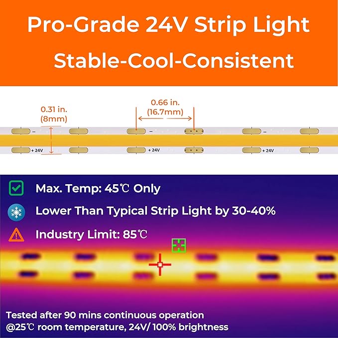 COB LED Strip Lights Cool White 4000K, 24V DC Premium Tape Light with Strong 3M VHB Tape, CRI 95, UL Listed, Cuttable, Dimmable, 3W/FT for Accent, Ambient Lighting (NO Power Supply)