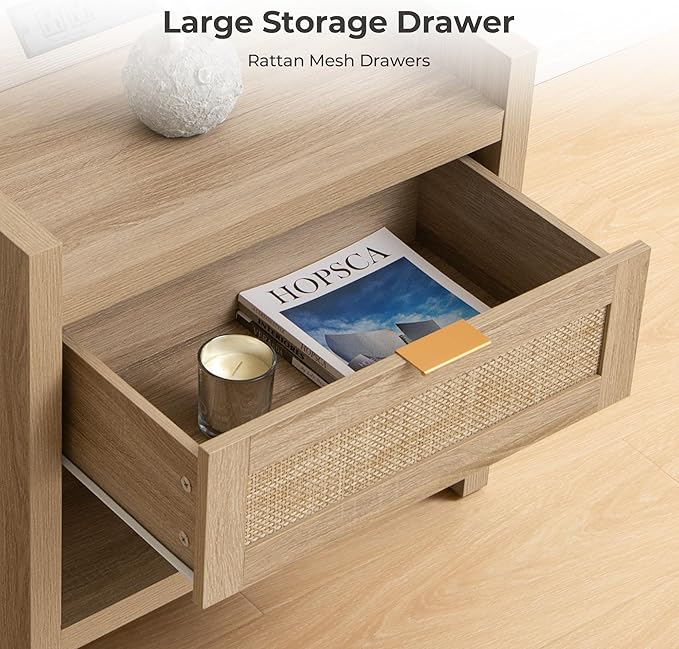 SICOTAS Rattan Nightstand End Table - Boho Night Stand Bedside Table with Type-C Charging Station, Wicker Decor Drawer Storage Cabinet Night Stand for Bedroom - Light Oak